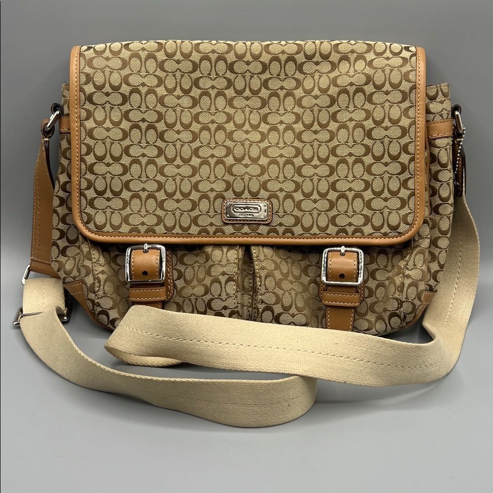 Coach Signature Leather Canvas Jacquard Tan Messenger Bag - Picture 8 of 8